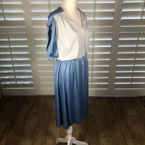Vtg 70 Act I Blue Silver Blouson Disco Polyester Dress Medium Stretch 1/2 Sleeve - Picture 2 of 12